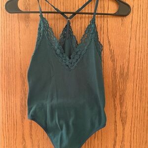 Forever 21 Dark Green Lace-Trim Satin Bodysuit
